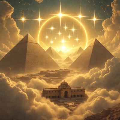 The primary subject of the image is a large, intricate, and detailed illustration of Egyptian pyramids. The setting is a cloudy sky, which serves as the backdrop for the pyramids. The visual style is a combination of digital art and illustration, creating a vibrant and captivating scene. The colors and mood of the image are predominantly warm and earthy tones, evoking a sense of history and cultural significance.